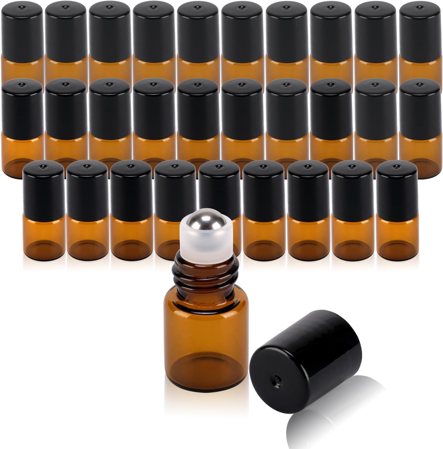 30 pack Amber Roller Bottles for Essential Oils 2ml Refillable Roll on Applicator for Travel Mini Makeup Containers with Pipettes and Bottle Opener