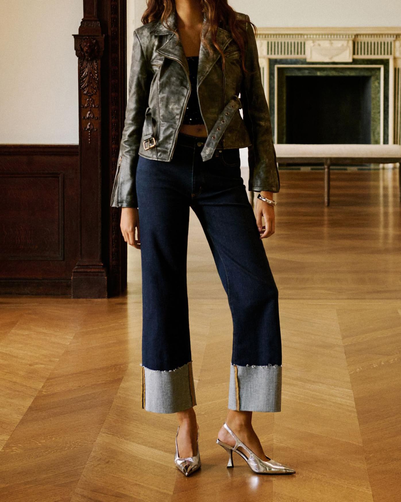 YEXPINE Jeans de puño ancho para mujer, tiro alto, pierna recta, pantalones de mezclilla casuales