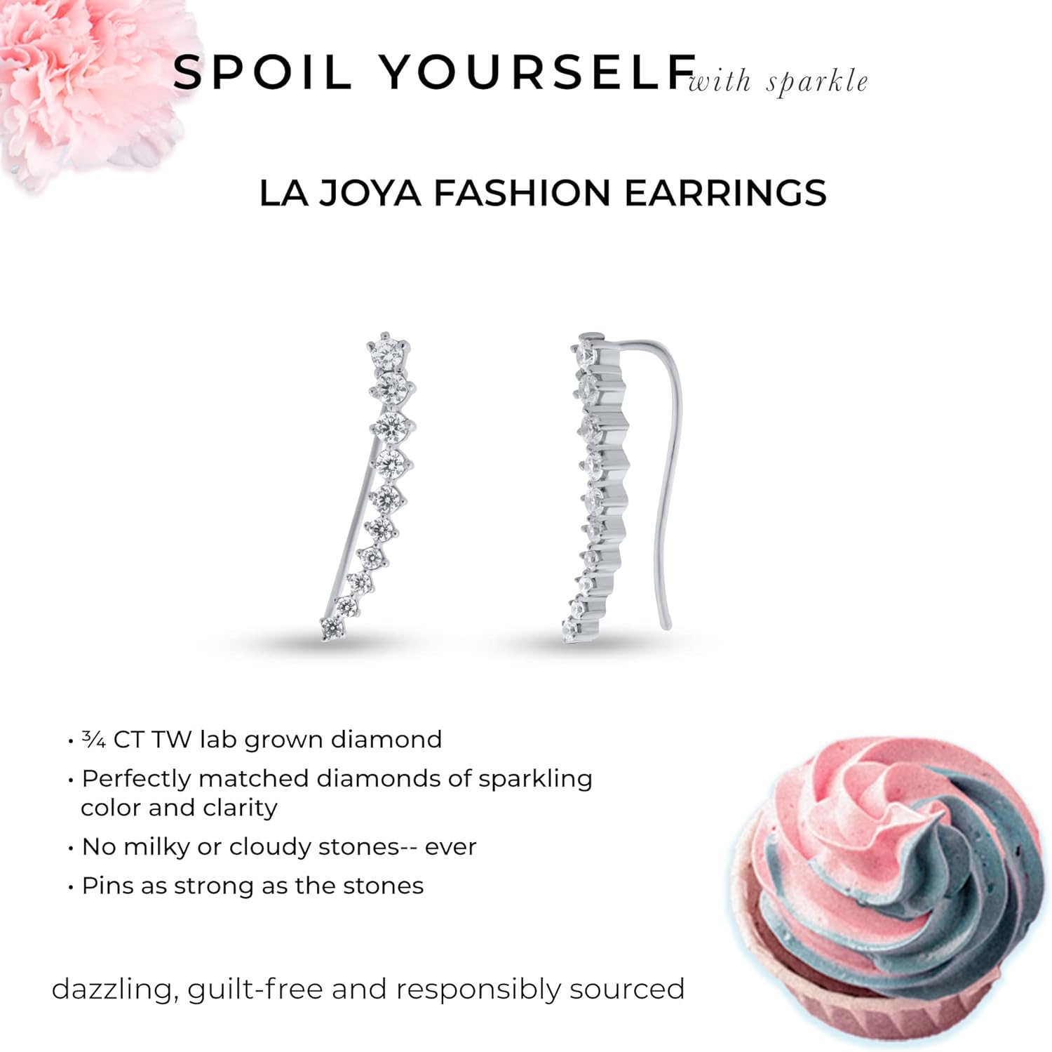 La Joya 1/3-3/4 CT TW Lab Grown Diamond Climber Earrings For Women - 925 Sterling Silver Diamond Crawler Earrings
