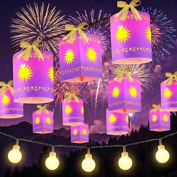 20 Pack Princess Sun Hanging Lanterns with LED Light Purple Princess Hanging Paper Lanterns DIY Set Sun Cutout Square Round Decorations for Photo Props Birthday PartyPurple