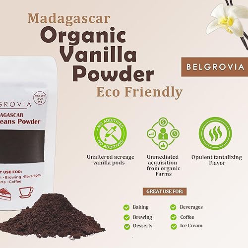 Miniatura 3 de Belgrovia - Polvo de grano de vainilla orgánico de Madagascar, polvo de vainilla molida 100% puro para hornear, café, batidos y saborizantes,