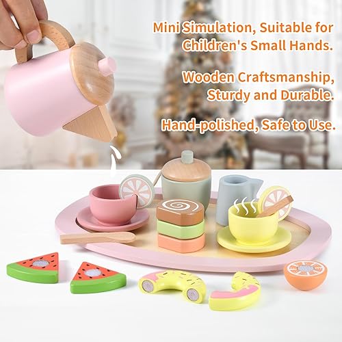 Miniatura 5 de Juego de té de madera, juego de té para niñas pequeñas de 1 a 3 años, juegos de té para niñas de 2 a 4 años con juguetes de madera, comida de