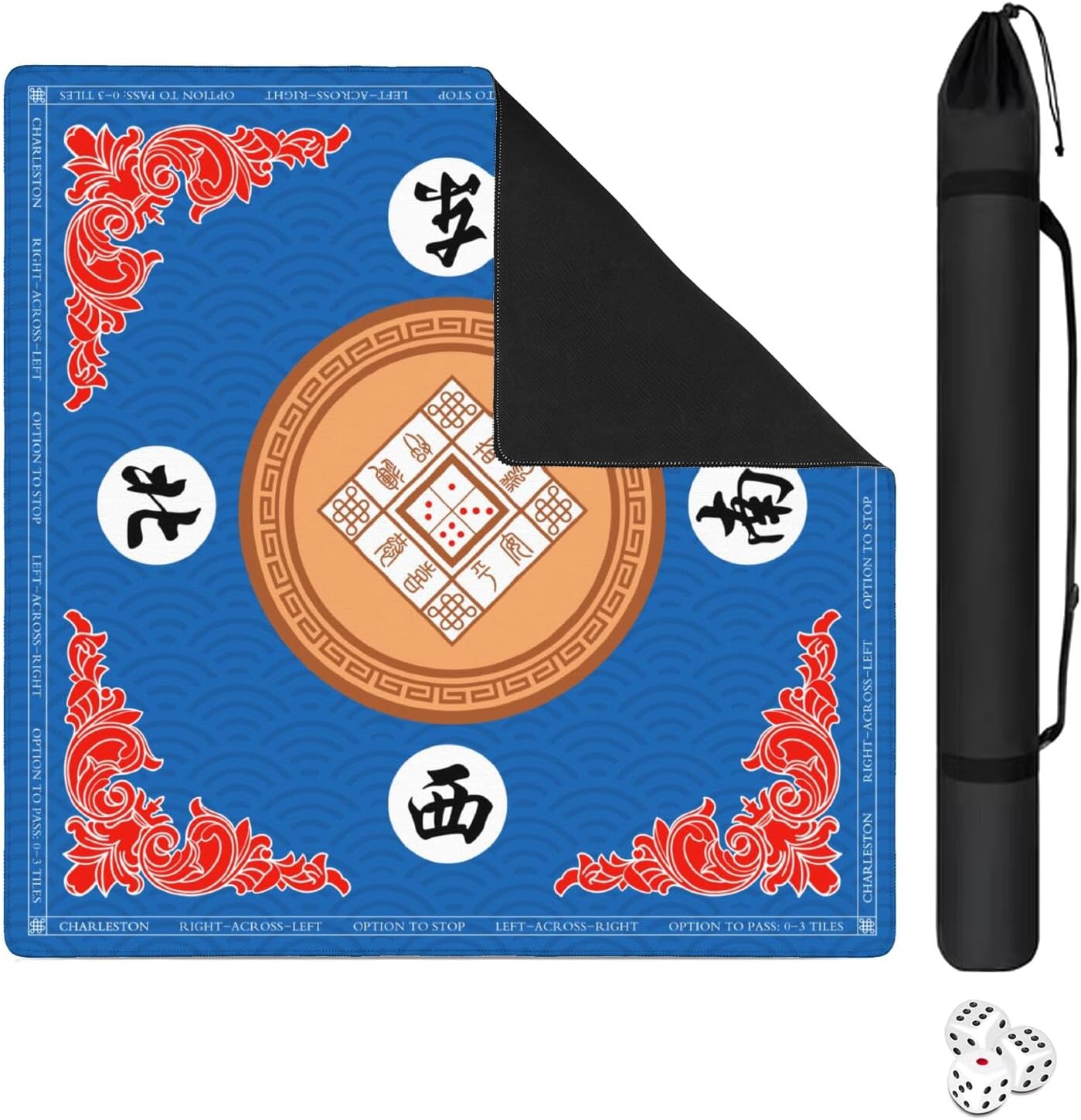 Mahjong Mat for Table with Carrying Bag & 3 Dice, Blue 31.5"x31.5" Square Rubber Mahjong Table Cover, Non-Slip & Noise Reduction Gaming Mat for Mah Jongg, Poker, Dominoes & Tile Games