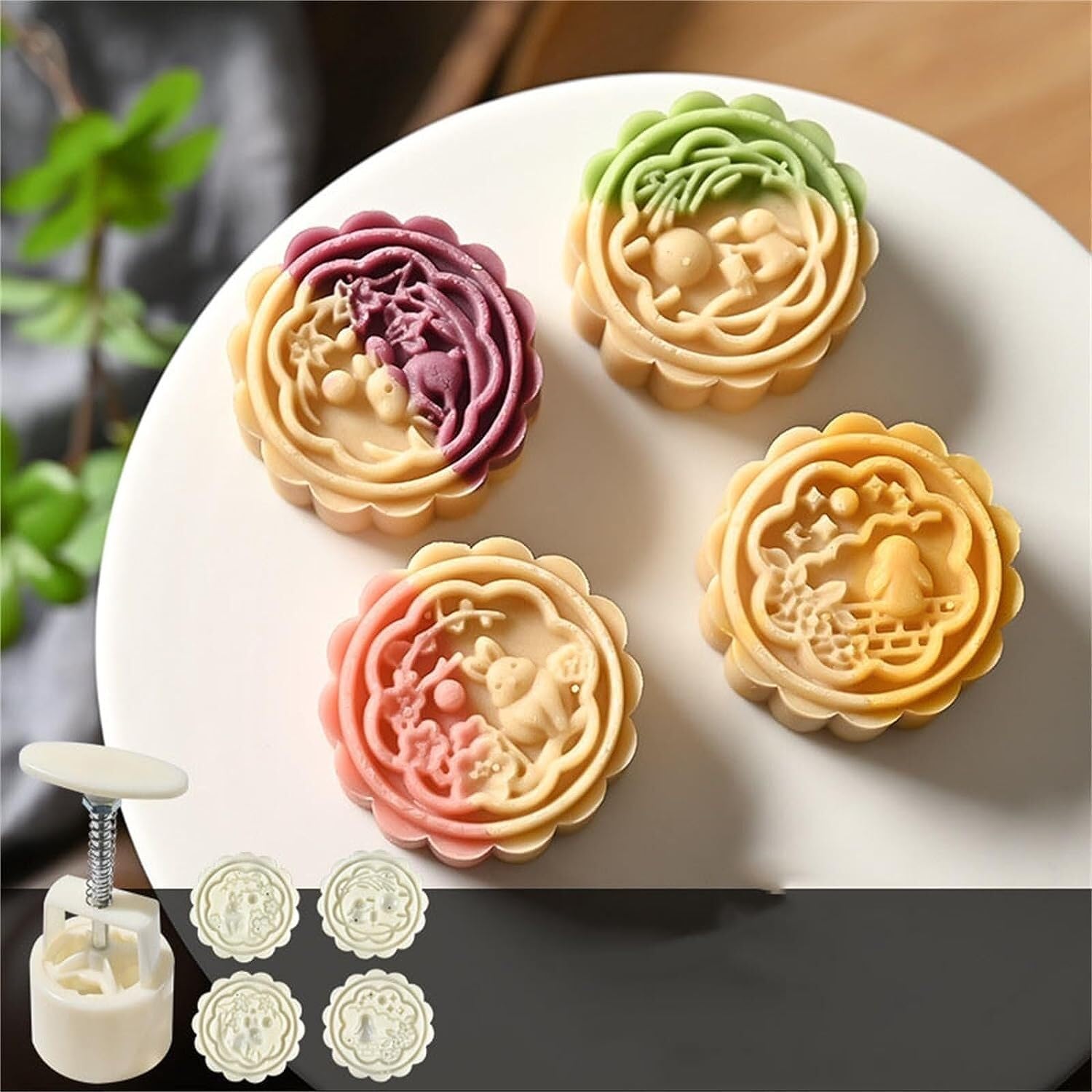 moule à gâteau de lune Moule à gâteau de lune à pression manuelle 50 g, moule à gâteau de lune en forme de danse de lapin, avec 4 tampons à biscuits, presse à biscuits, mi-automne, for faire des gâtea