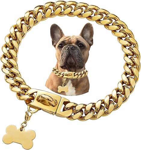 Collar de perro con cadena de eslabones cubanos dorados y plateados, etiquetas de identificación para perros pequeños, medianos y grandes