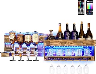 Homde Wine Rack with LED Light Wall Mounted Wood Alcohol Shelf with Bottle Stemware Glass Holder Rustic Whiskey Display Storage with 4-Bottle Liquor Dispenser for Home Bar Kitchen Decor