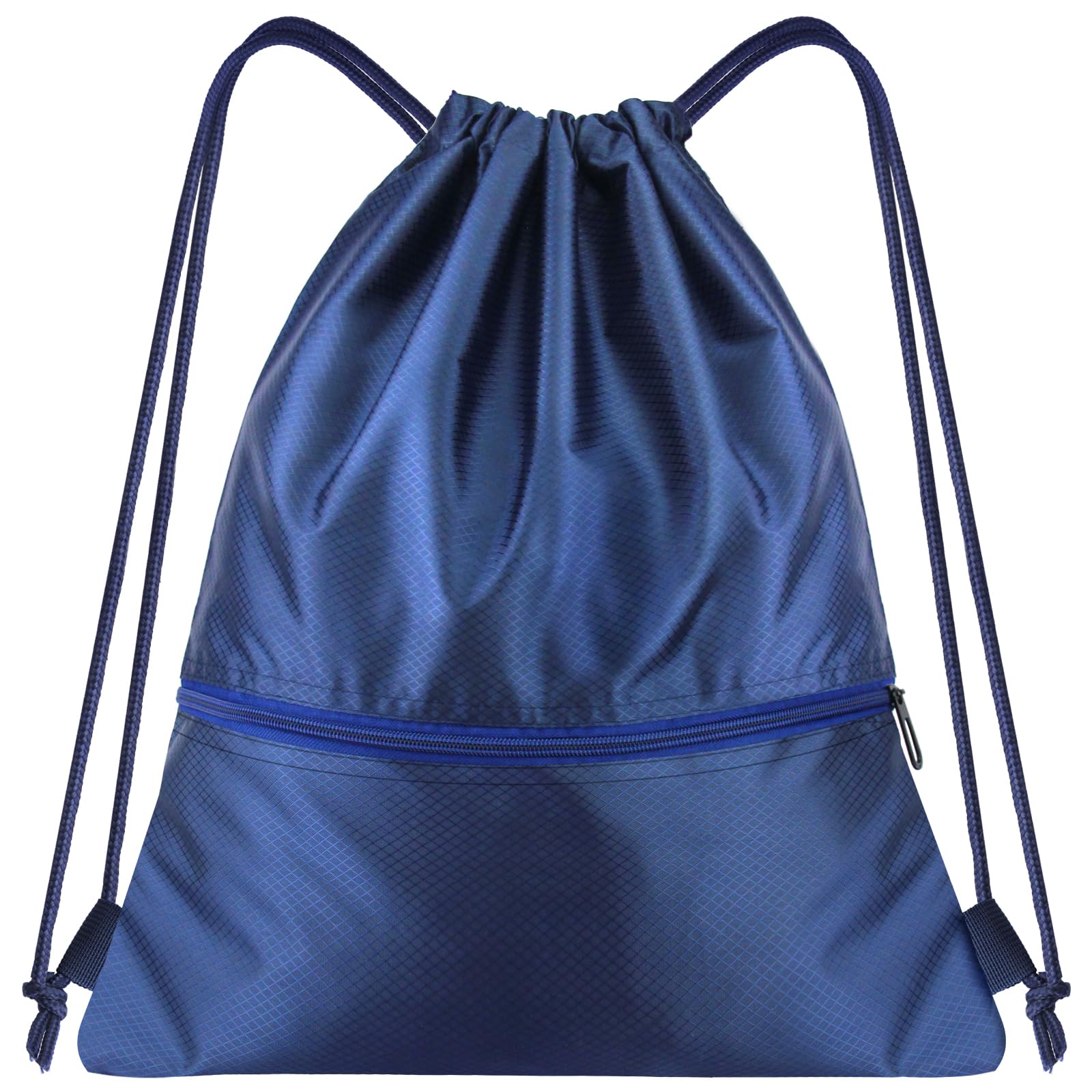 Lunhoo Drawingstring PE Bag, Cinch Backpack with 2 Zip Pockets, Waterproof Lightweight Gym Sack Pack for Swimming, Sport, School, Travel, Beach, Men and Women (Blue)