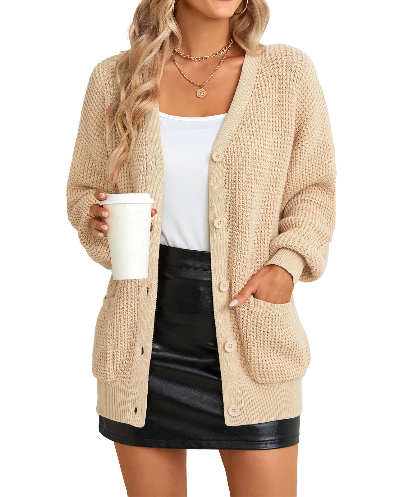 QUALFORT Cardigan Sweaters for Women 100 Cotton Button-Down Oversized Knit Cardigans with Pockets for Fall Winter Trendy