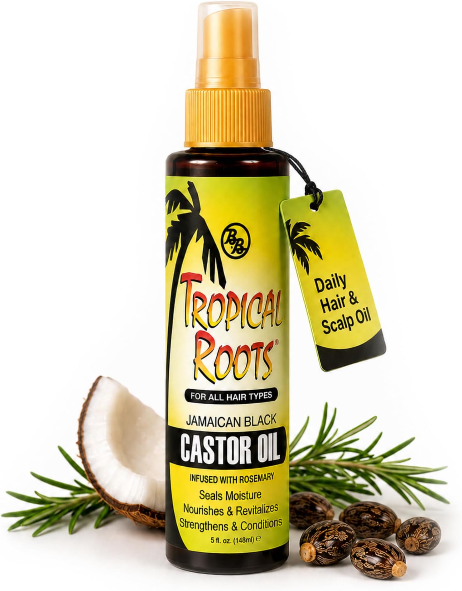 Tropical Roots Jamaican Black Castor Oil with Growth Complex – Moisture-Sealing Hair Oil to Thicken & Nourish Hair & Scalp with Rosemary & Eucalyptus, For All Hair Types, 5 fl oz