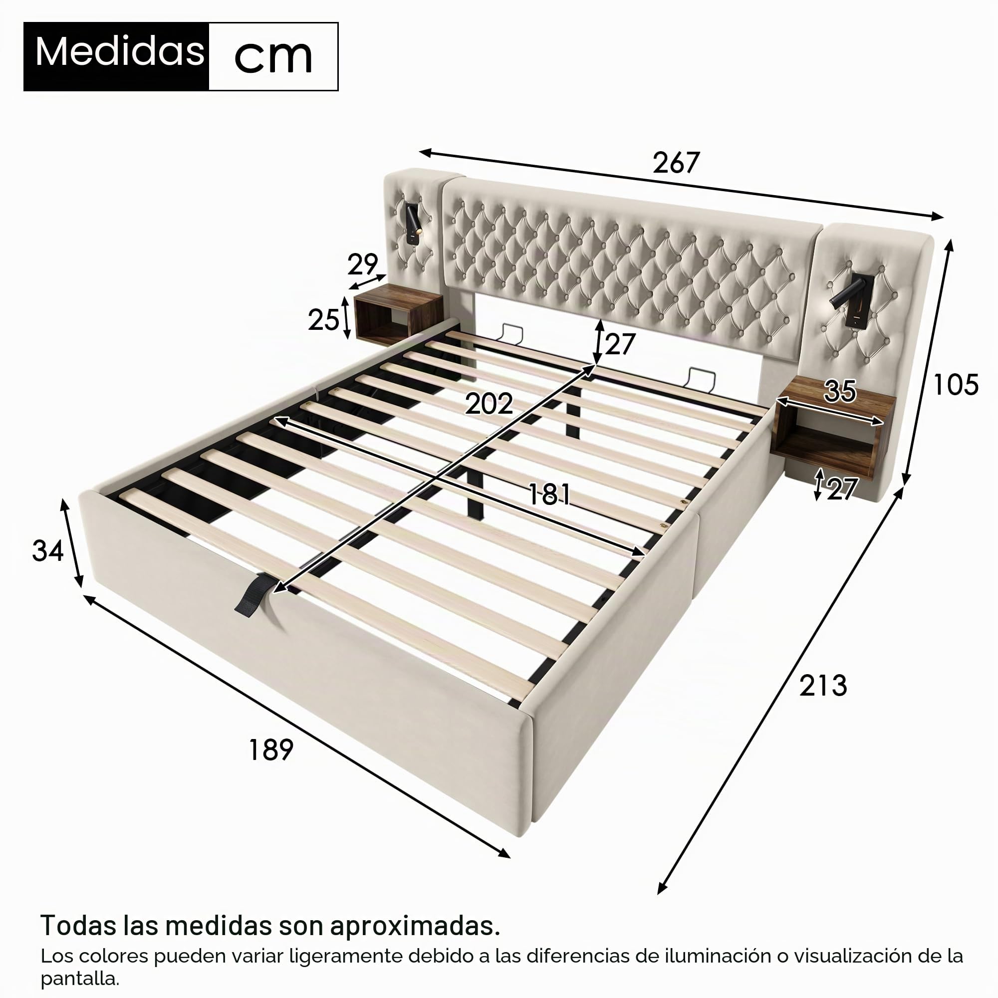 LAKFEW Cama 180x200 cm Cama Tapizada con Luz de Lectura y USB, Camas Matrimoniales con 2 Mesitas de Noche y Almacenaje Hidráulico, Cama Matrimonio, Estructura Metálica, Terciopelo, Beige, Sin Colchón