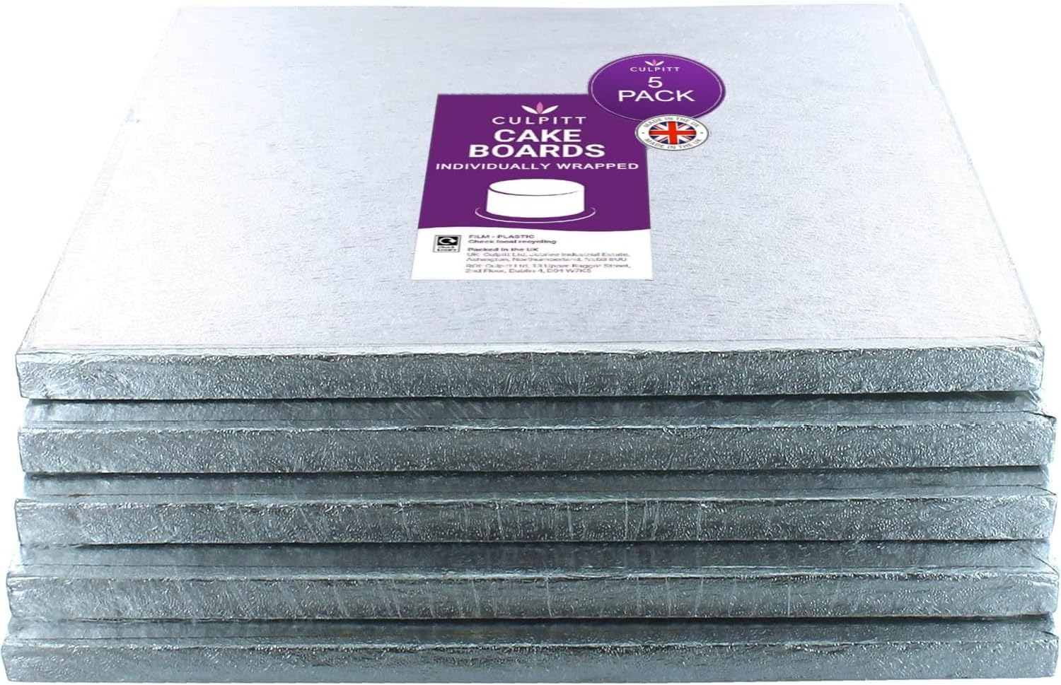 Culpitt 12" Square Silver Cake Drum Board - Pack of 5 (Individually Wrapped)