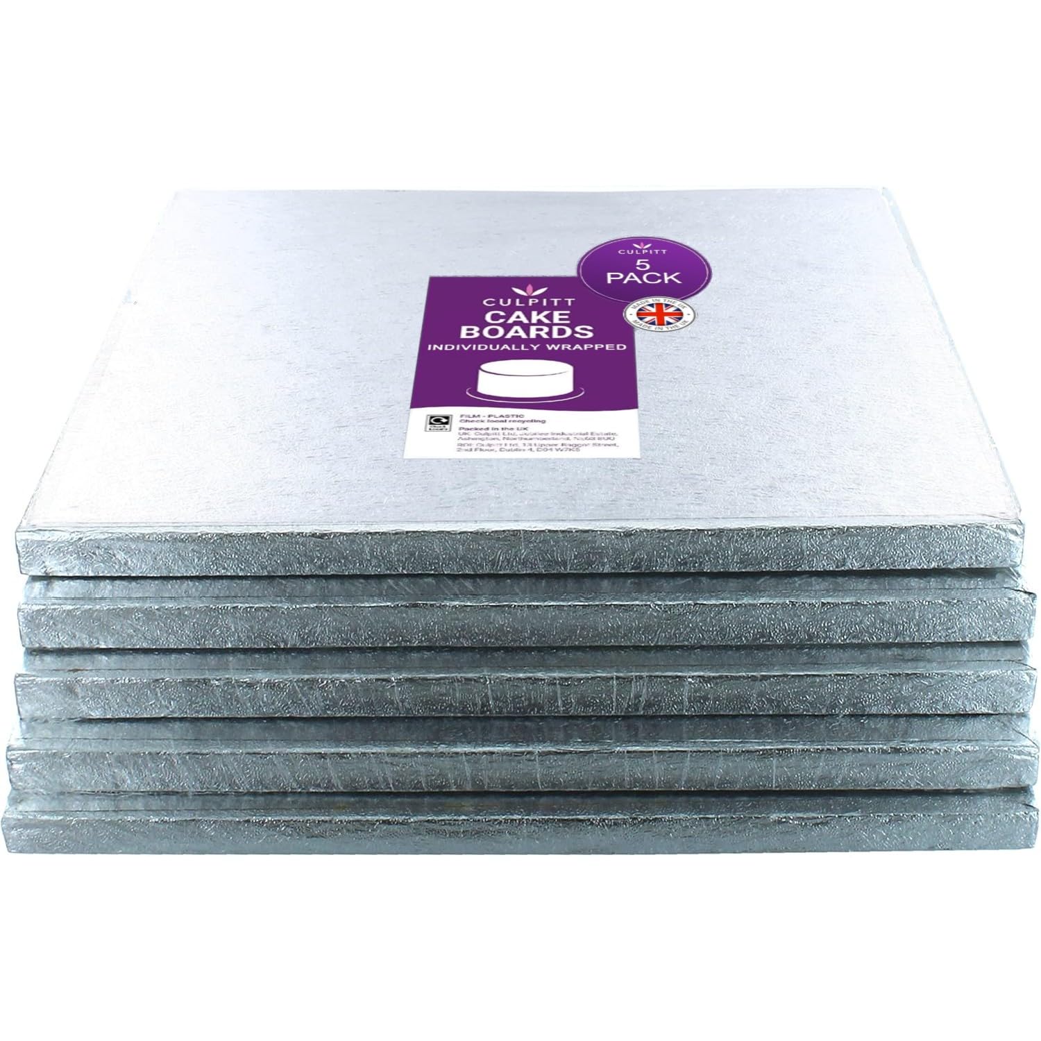 Culpitt 10" Square Silver Cake Drum Board - Pack Of 5 (Individually Wrapped), ISD10