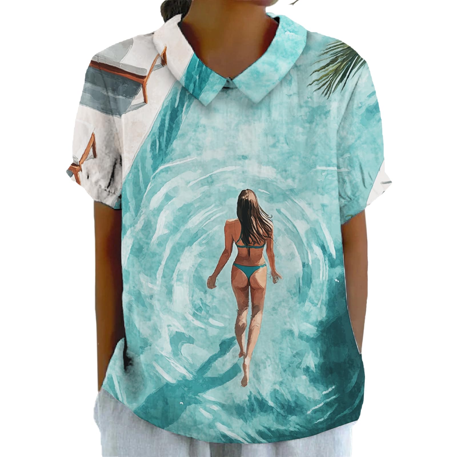 Summer Women Lapel Short Sleeve Top Bohe Style Hawaiian Vacation Beach Shirt Fashion Printed Graphic T-Shirt