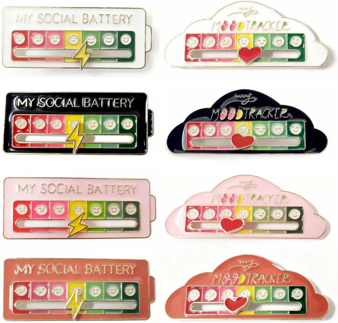 8PCS Social Battery Slider Pin – Interactive Mood Enamel Badge for Adults & Teens, Slide to Show Your Social Energy Level, Funny Introvert Accessory for Backpacks, Jackets & Gifts