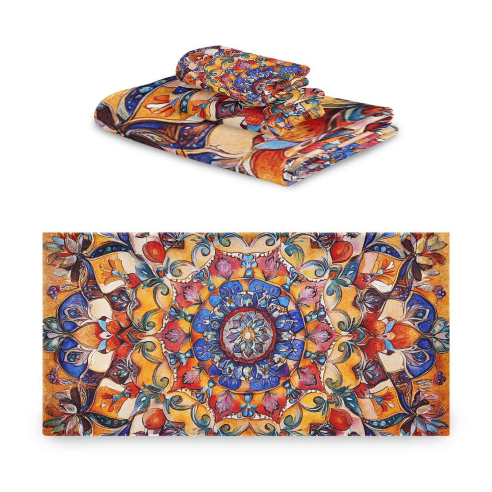 Bohema wzór boho vintage mandala czyszczenie ręczników do twarzy zestaw 3 sztuk, 1 ręcznik kąpielowy 1 ręcznik do rąk 1 myjka do kuchni łazienki jogi siłowni