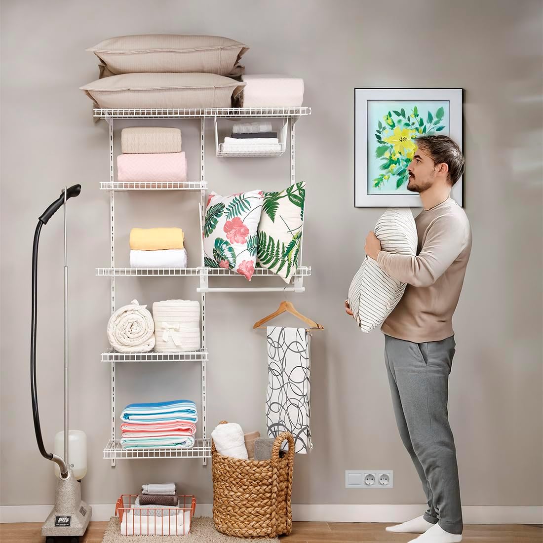 Adjustable White Wire Closet Shelf Kit, 3-5 FT Expandable Organizer System for Versatile Home Storage