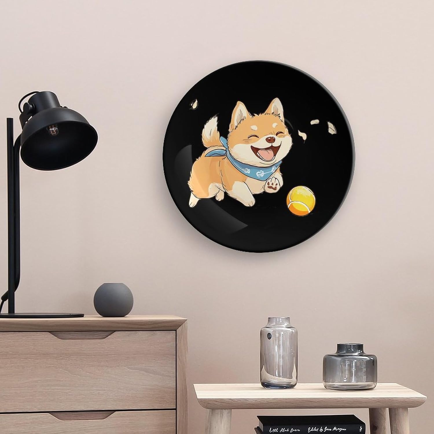 Shiba Inu Puppy Dog Playing Decorative Plates for Display Ceramic Plate Tray with Stand Hanger Home Decor