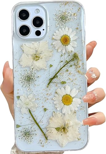 Miniatura 9 de Funda transparente para iPhone 16 Pro Max con diseño de flores reales presionadas, patrón floral rosa brillante y lindo, funda protectora de TPU