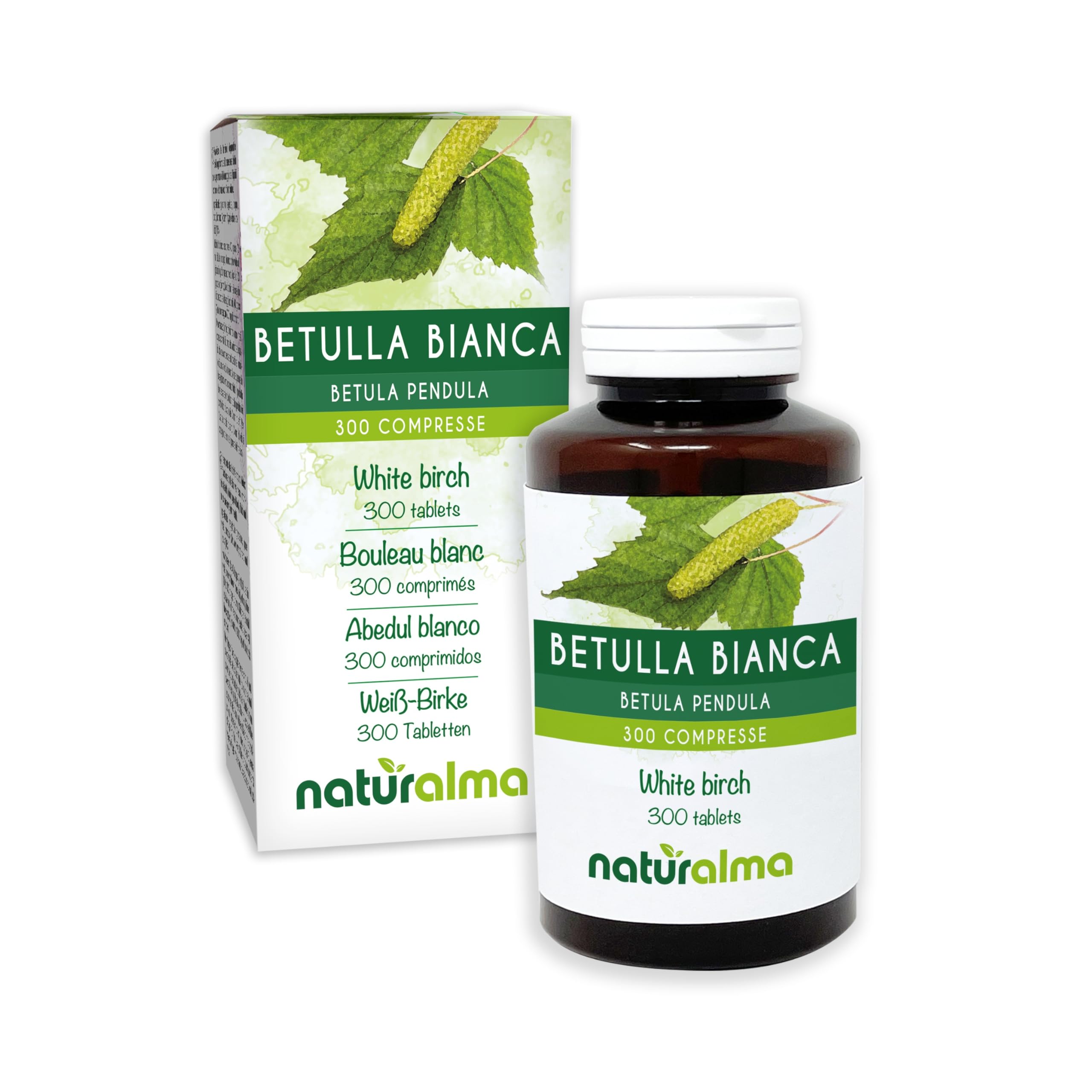 Brzoza brodawkowata lub Brzoza biała (Betula pendula, alba lub verrucosa) liście Naturalma - 150 g - 300 tabletek - Suplement diety - Naturalne i Wegańskie
