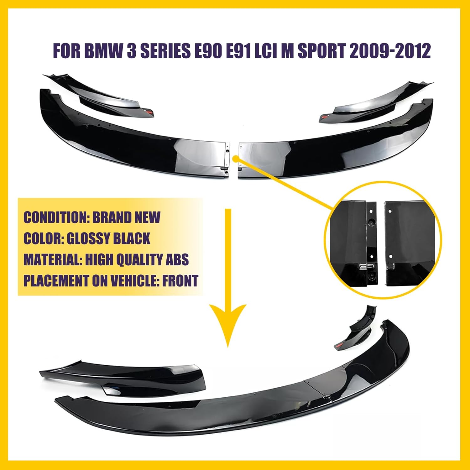 Front Bumper Lip for BMW 3-Series E90 E91 325i 335i LCI M Sport 2009 2010 2011 2012 MP Style Front Bumper Lip Splitter Spoiler (Gloss Black)