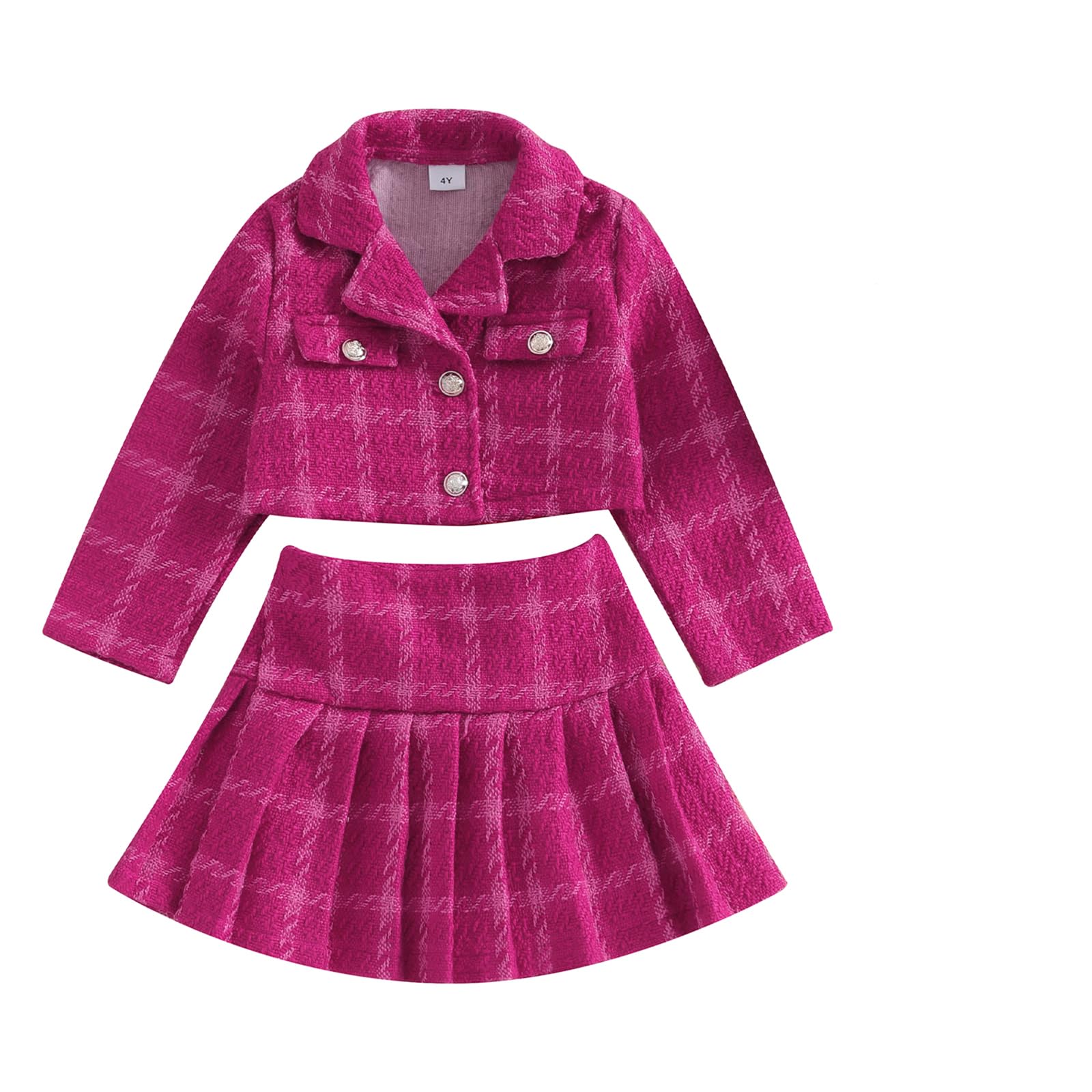 Toddler Baby Girl Fall Skirts Outfits Plaid Jacket and Dress Set Long Sleeve Cardigan Pleated Mini Skirt Clothes (A-Hot Pink, 4 Years)