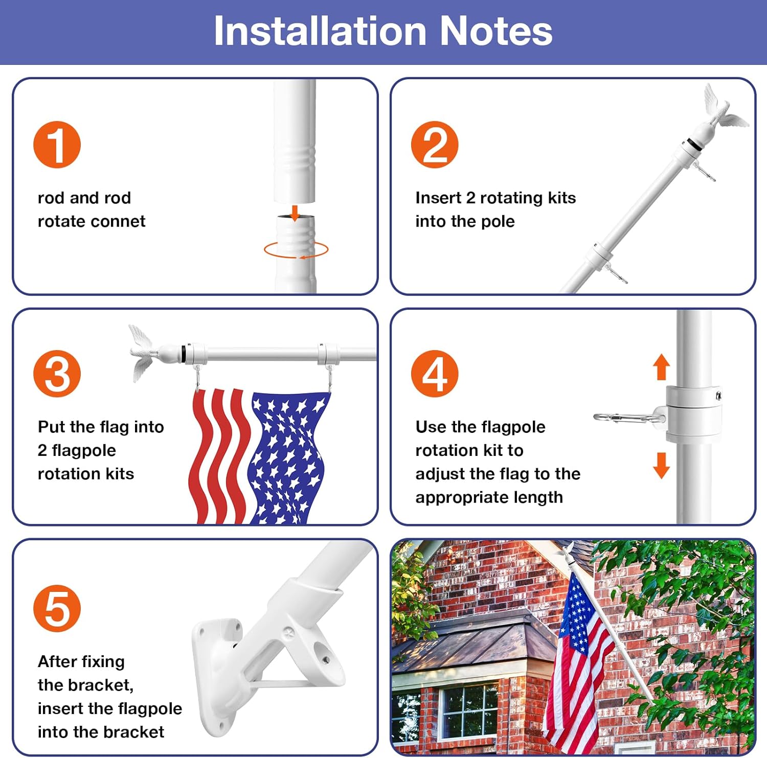 Flag Win 6FT Flag Pole Kit for House with Holder Bracket, Upgrade Stainless Steel Tangle Free Flagpole, Heavy Duty House Flag Pole Kit for 3x5 American Flag for Outside Porch,Outdoor,Boat (Cream)