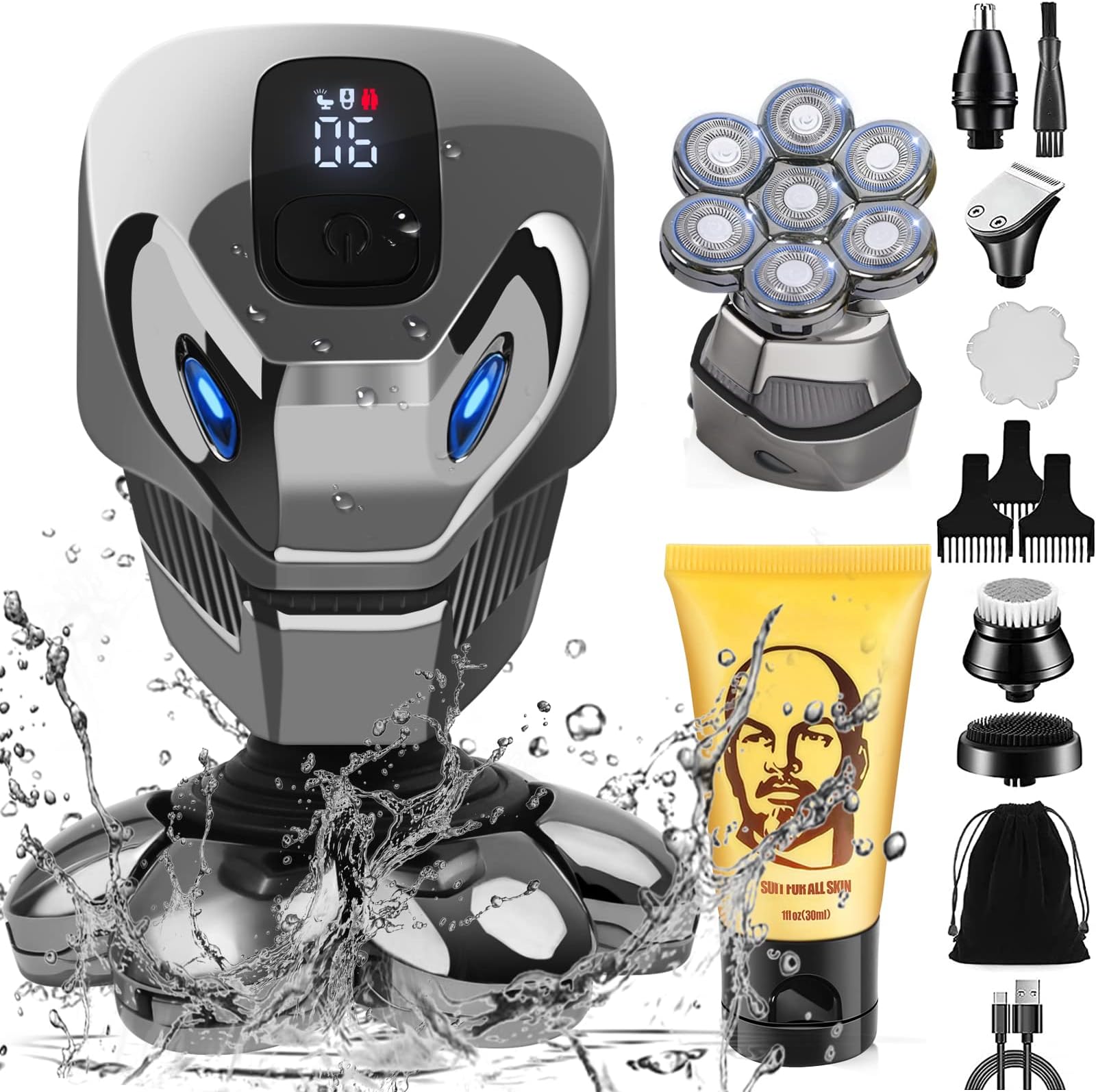 YEMIUGO Head Shavers for Bald Men, 9 in 1 Multifunction Electric Shaver & Grooming Sets with Nose Ear Hair Trimmers & Shaving Cream, 7D Beard Hair Razor for Bald, Cordless Rechargeable Shaver for Men