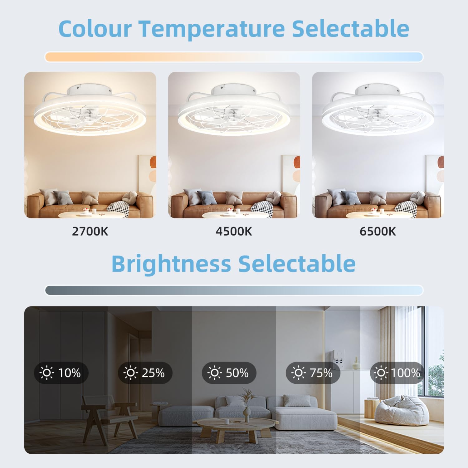Aigostar Ventilatore da Soffitto con Luce e Telecomando, Confezione da 2 | Lampadario Ventola Soffitto, 60W, 4400LM, 2700K-6500K Dimmerabile, Timer, DC Motore Silenzioso, 5 Pale, φ48cm, Bianco