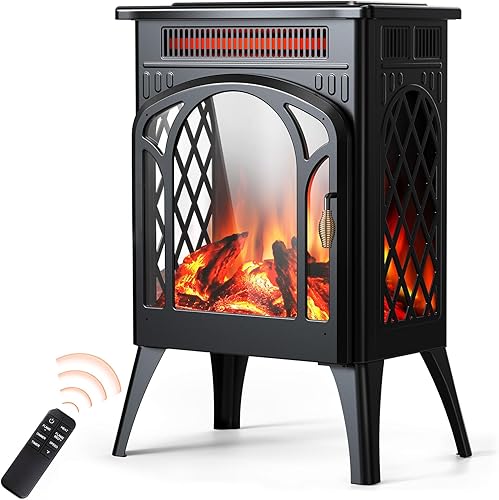 Rintuf Calentador de chimenea eléctrico pequeño, estufa de chimenea infrarroja de 1500 W con efecto de llama 3D, termostato ajustable, temporizador