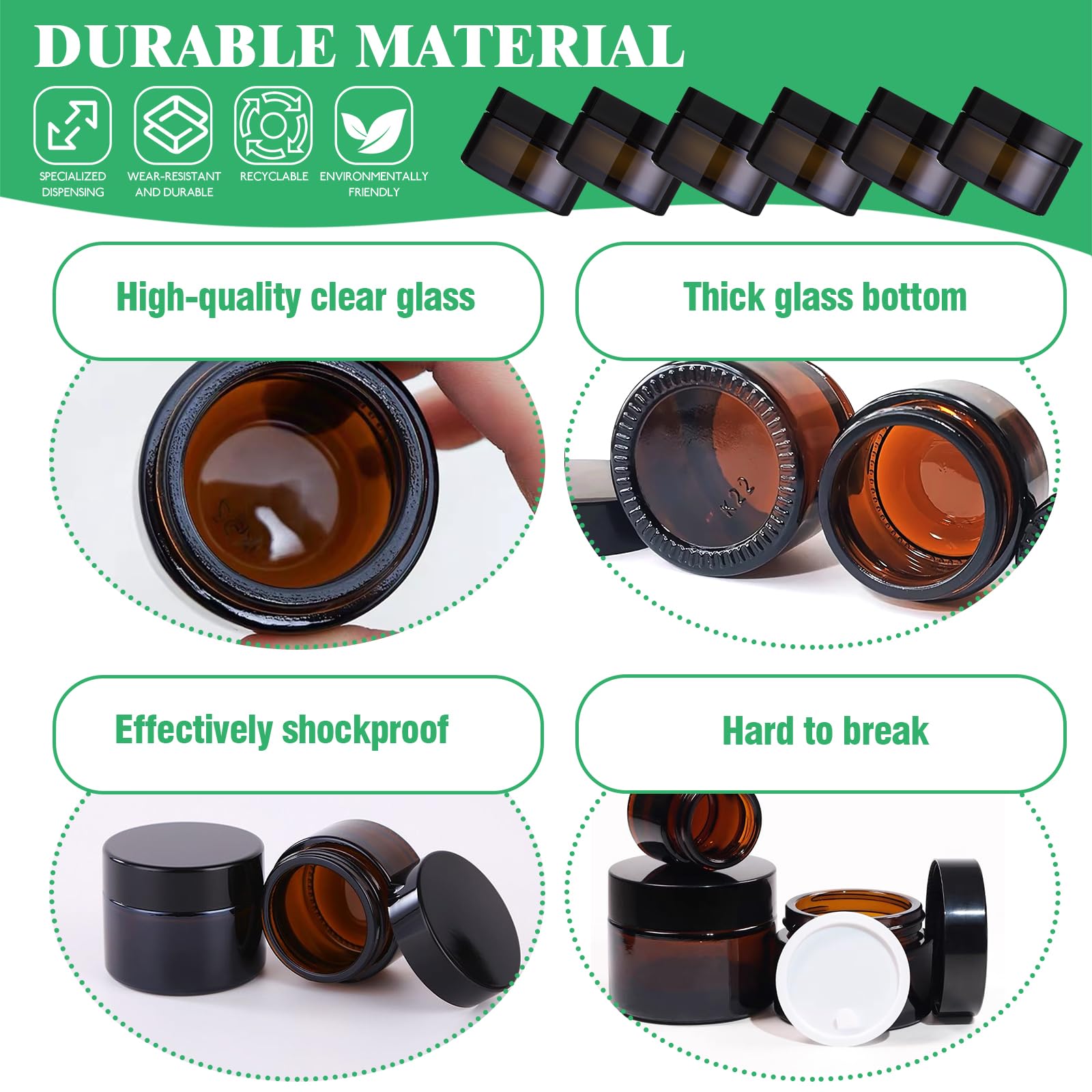 Yauhar 120Pcs 50g Amber Glass Jars Assortment Kit with Inner Liners and Black Lids - Image 3