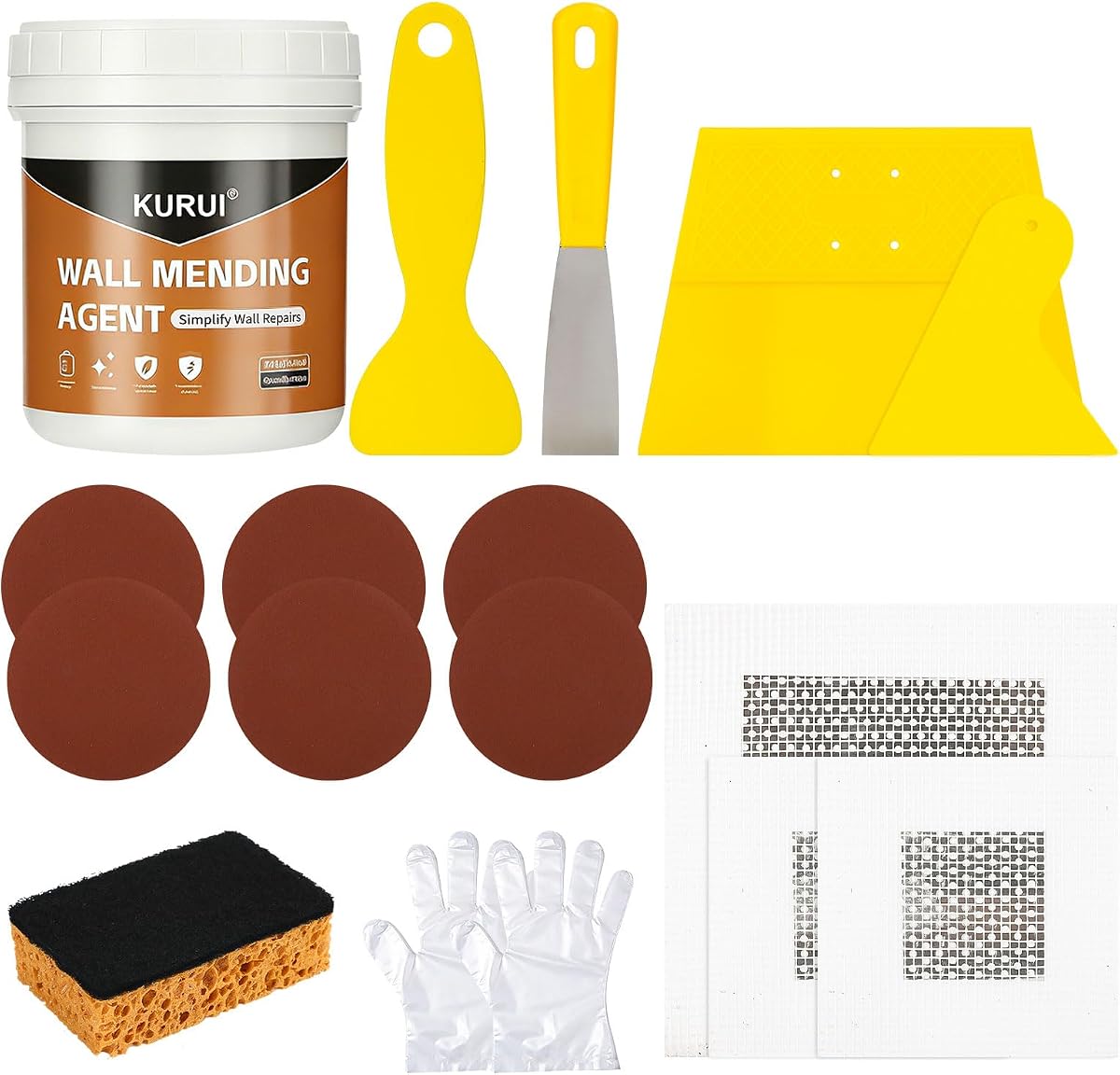 KURUI Kit de reparación de paneles de yeso, pasta de reparación de pared de 8.8 oz con raspador, 6 hojas de papel de lija y kits de parches autoadhesivos para pared seca, relleno de agujeros fácil para paneles de yeso, yeso y reparación del hogar