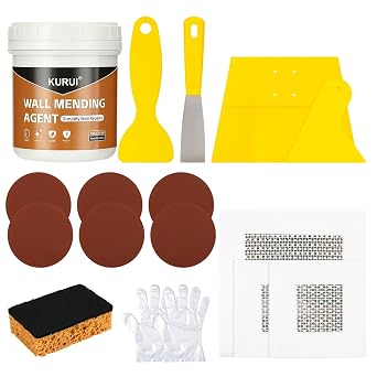 KURUI Drywall Repair Kit, 8.8oz Spackle Wall Repair Paste with Scraper, 6 Sandpaper Sheets & Self Adhesive Dry Wall Patch Kits, Easy Hole Filler for Drywall, Plaster and Home Repair