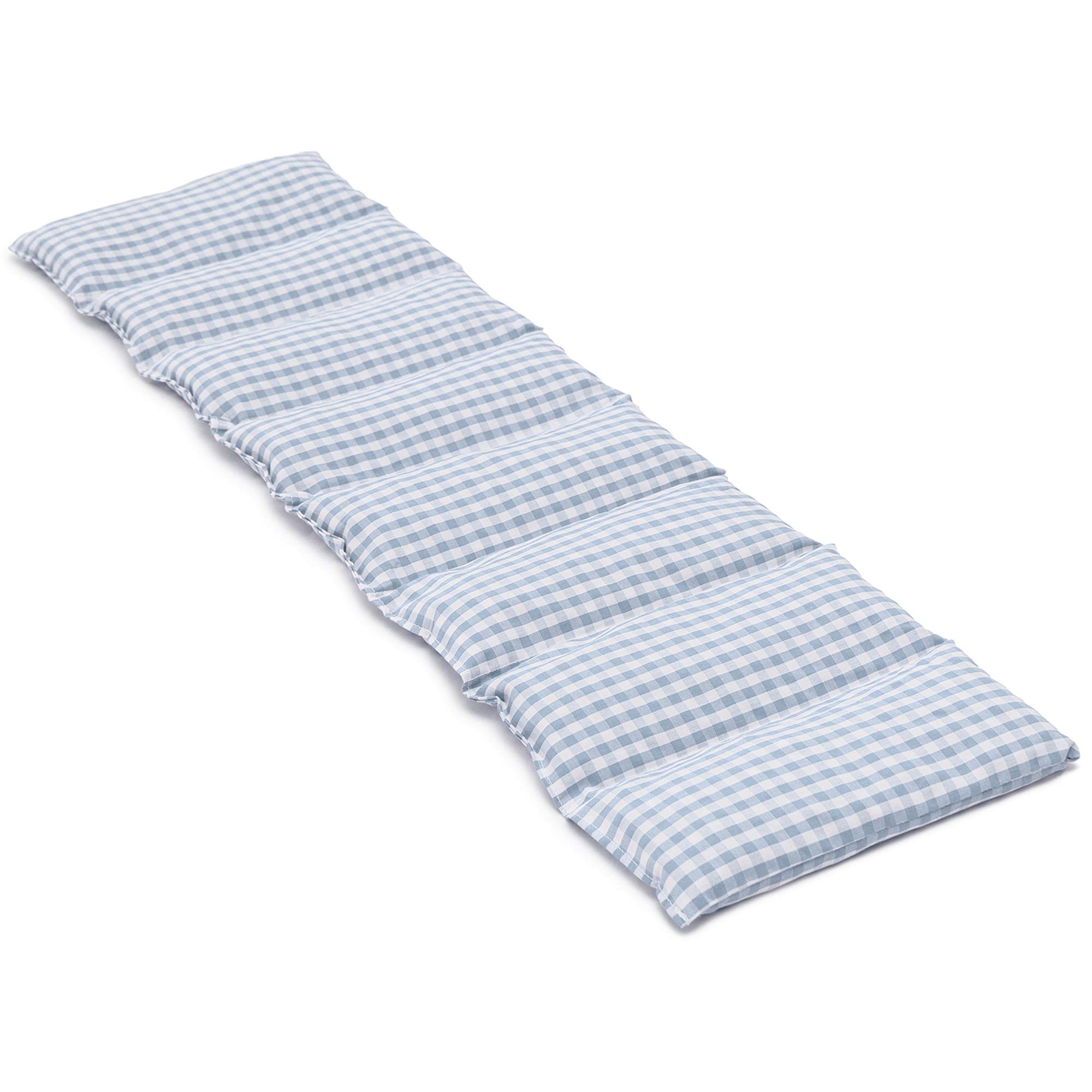 Cuscino termico - Cuscino con semi di lino, 75x20cm. Cuscino termico per la schiena, il ventre e molto altro. (Cotone Bio blu chiaro e bianco, diviso en 8 compartimenti)