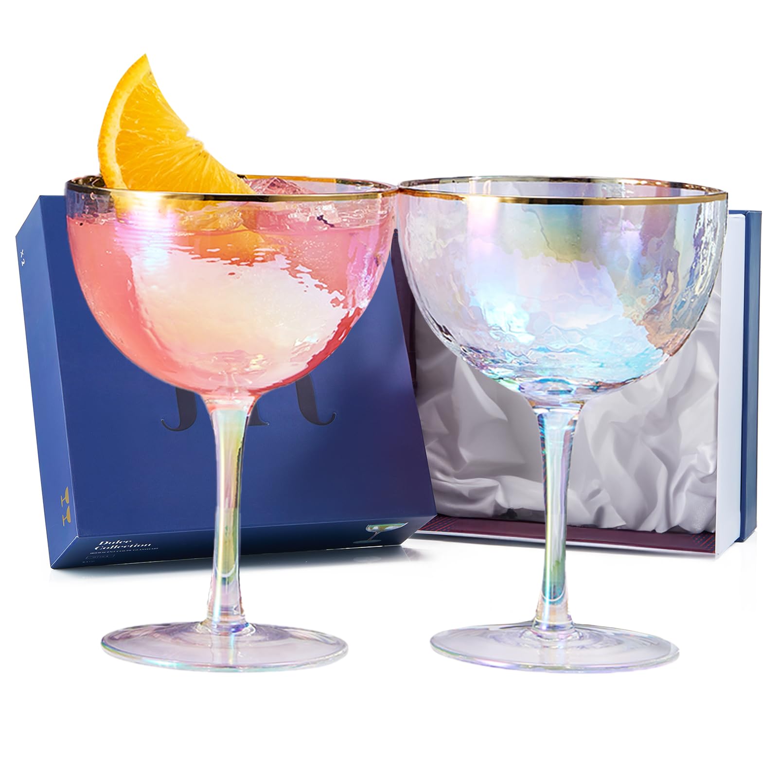 Festlich glänzende, schillernde gehämmerte Coupé-Gläser, 2 Stück, Goldrand, bunte Champagnergläser, Jahrestage, Geburtstagsgeschenk, Cocktail-Party, Strahlung – Wasser, Wein, kosmopolitisch,