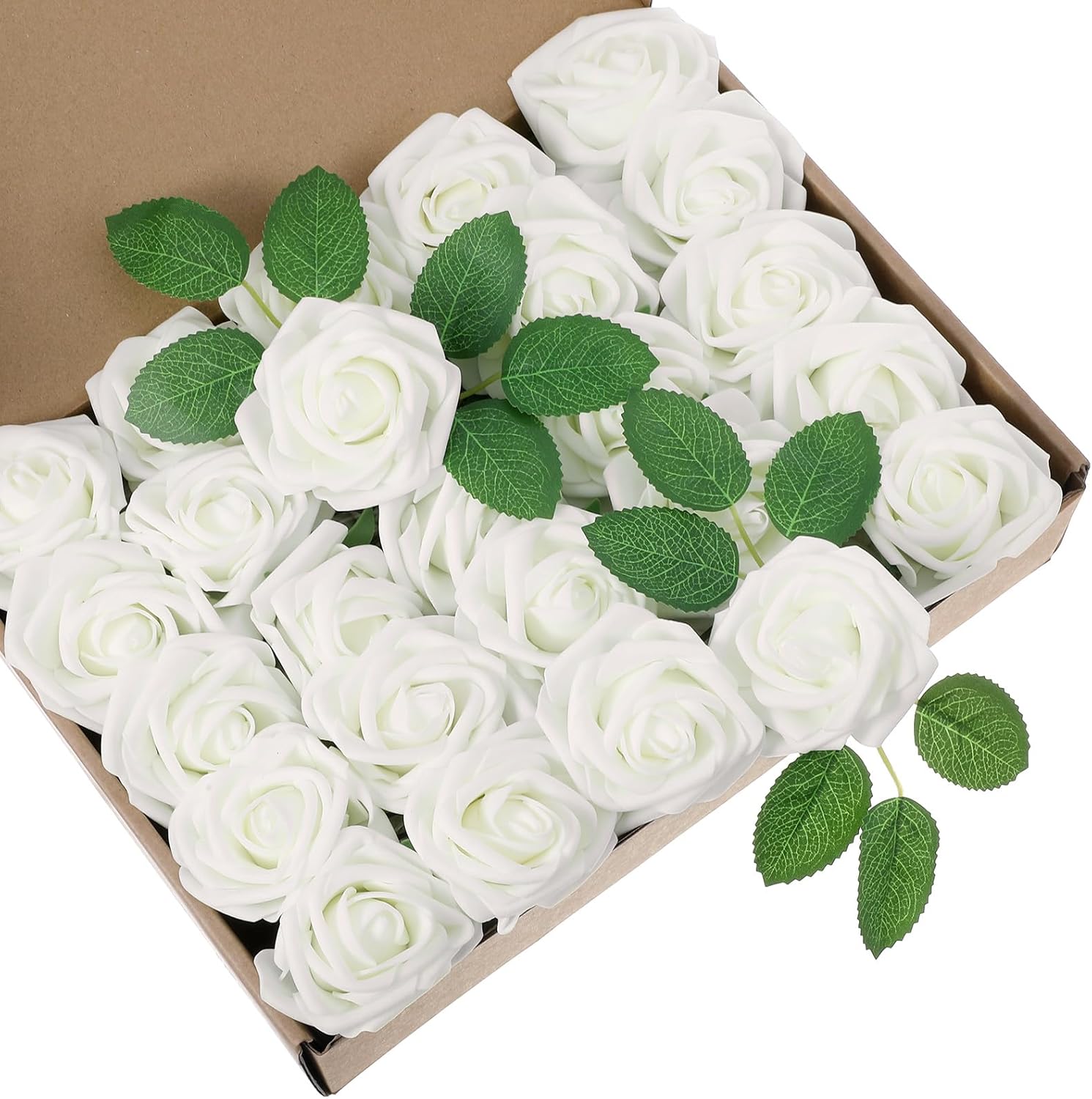 100 Pcs Artificial Roses, White Fake Velvet Silk Roses with Leaves Artificial Flowers Bulk Real Touch Flower for DIY Wedding Bouquets Bridal Shower Centerpieces Party Tables Decorations(White)