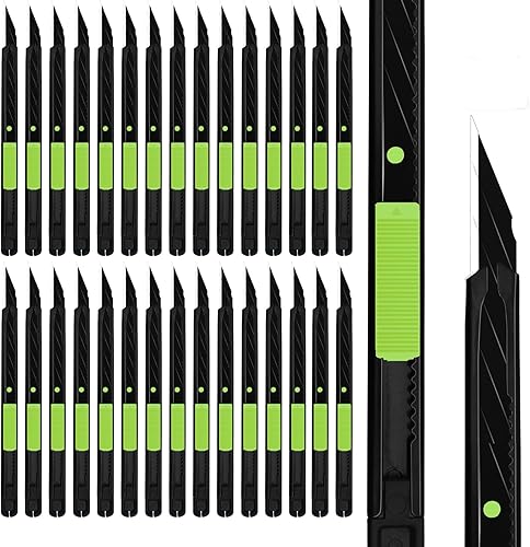 30 cuchillos verdes de 0.354 in con bloqueo automático de seguridad, mango de metal, hoja negra, cortador retráctil portátil ligero para oficina,