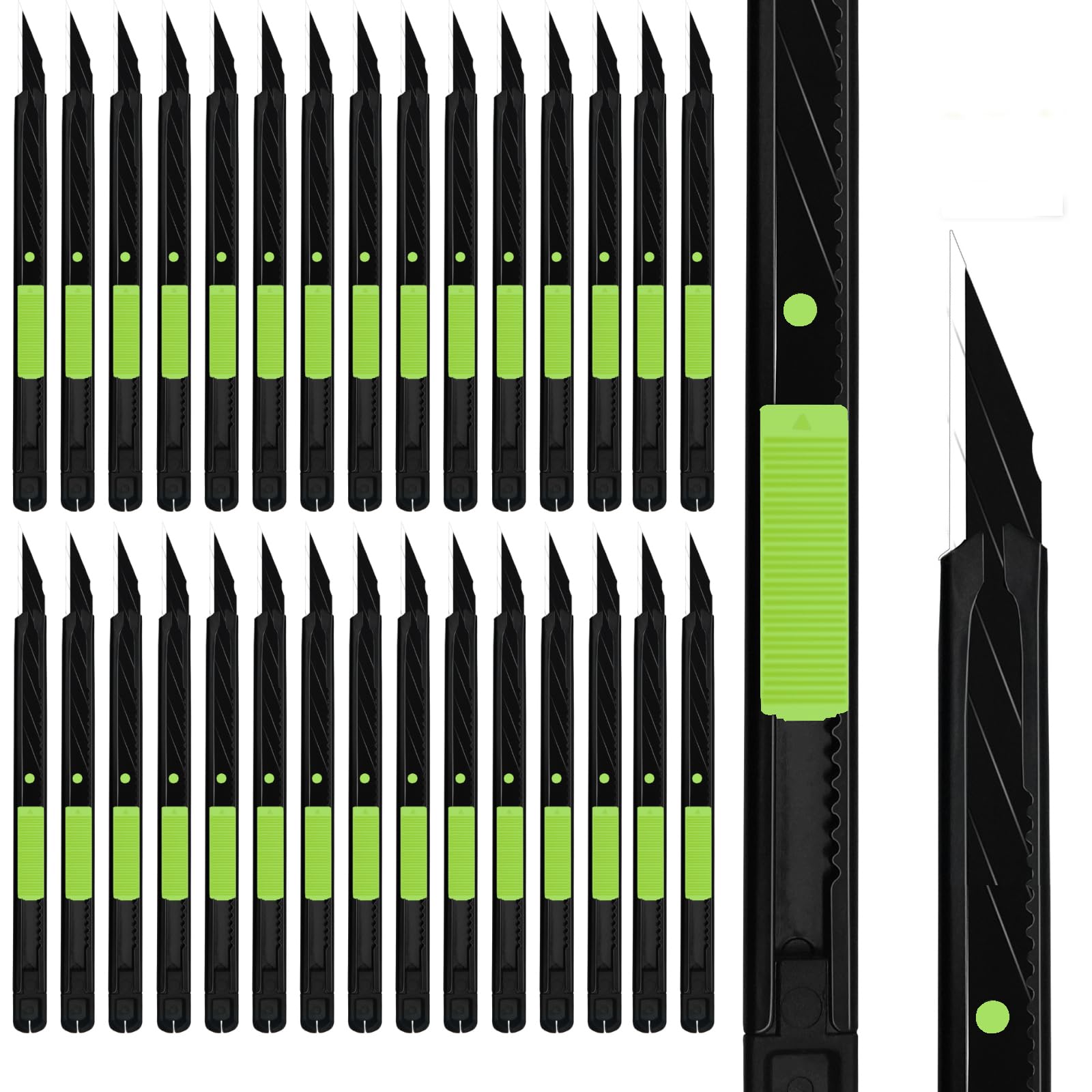MANUFORE 30pcs Green 9mm Snap-off Knives with Safety Auto-lock, Metal Handle, Black Blade, Lightweight Portable Retractable Cutter for office, school