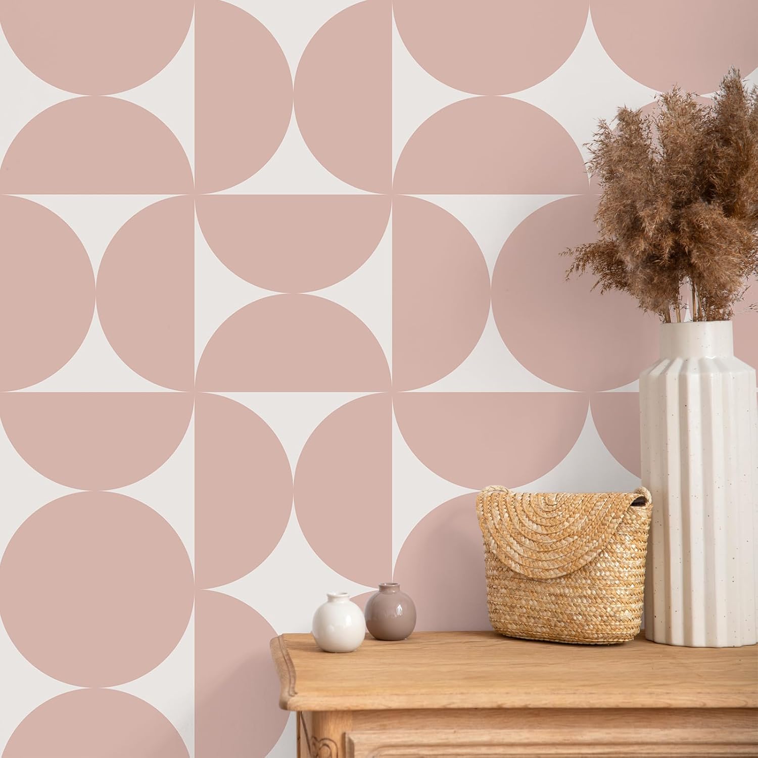 VEELIKE Half Circles Pink Geometric Peel and Stick Wallpaper Modern Abstract Wallpaper for Bedroom Bathroom 17.7''x118'' Art Deco Wall Paper Prepasted Removable Geometric Contact Paper for Cabinets