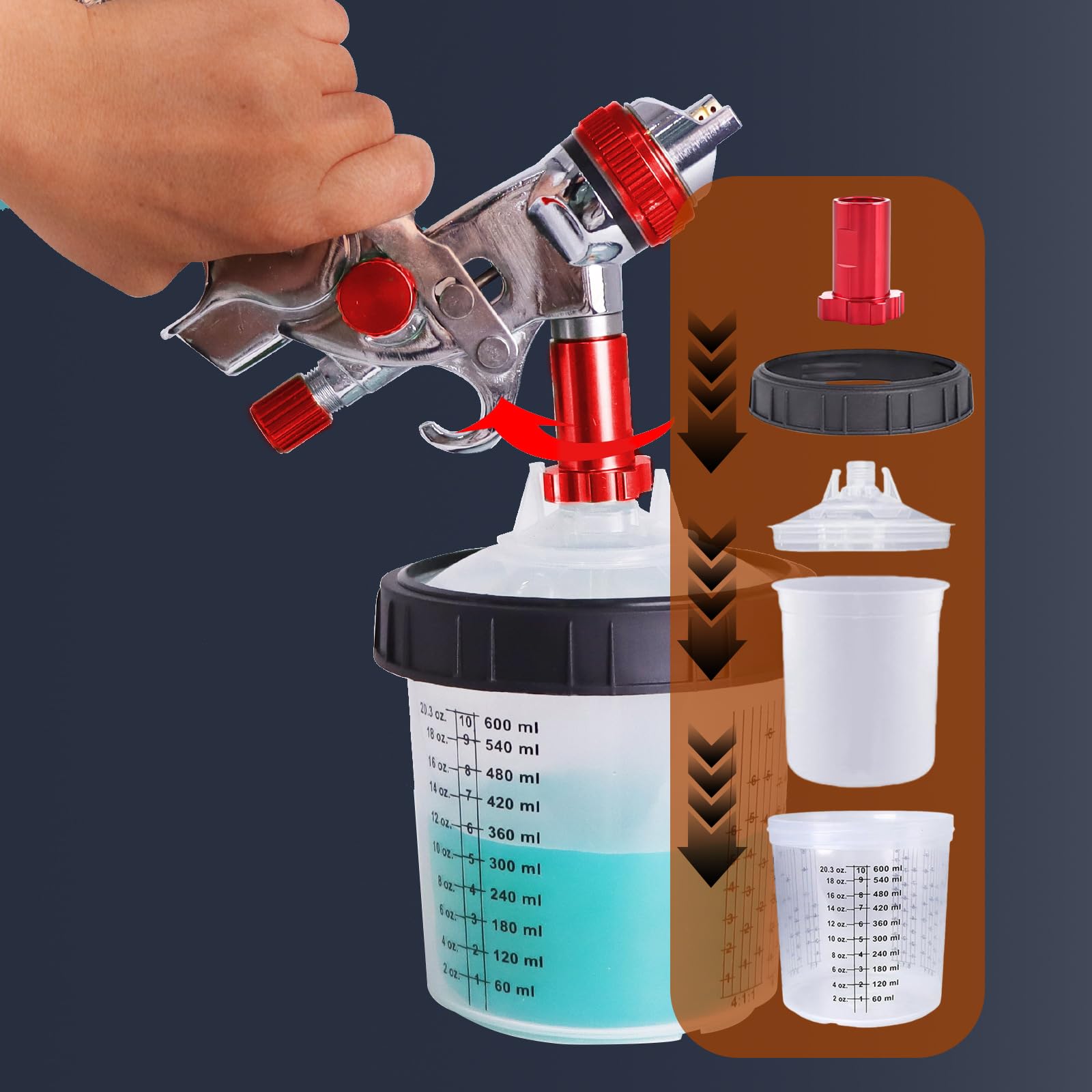 Lot de gobelets de mélange de peinture pour HVLP, pulvérisateur de peinture, jetable, pistolet à peinture, gobelet avec 10 gobelets, 10 couvercles, 5 connecteurs, 1 anneau de support noir (600 ml)
