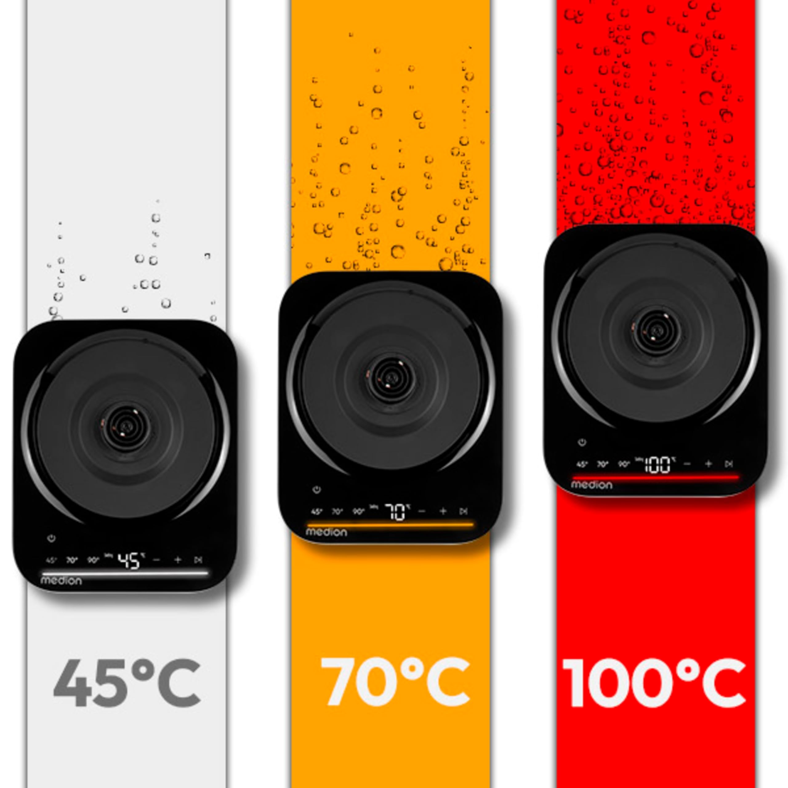 MEDION Hervidor digital LIFE MD12106, potencia de 2200 vatios, capacidad de 1,5 litros, pantalla LED, barra luminosa LED, programas automáticos, seguridad para niños, color plateado.