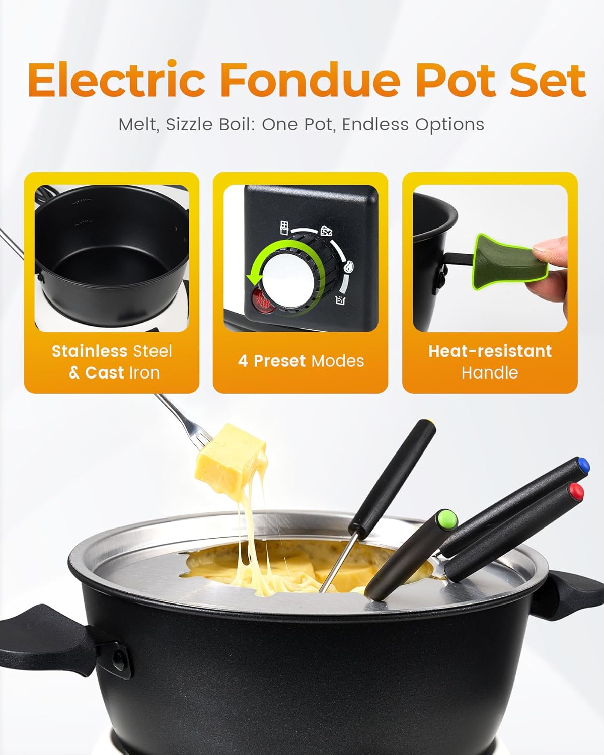 3-Quart Electric Fondue Pot Set – Stainless Steel Fondue Pot with 8 Color-Coded Forks, 3-Mode Adjustable Temperature Control for Cheese, Chocolate, Oil, and Hotpot, Model FD-10B - Image 2