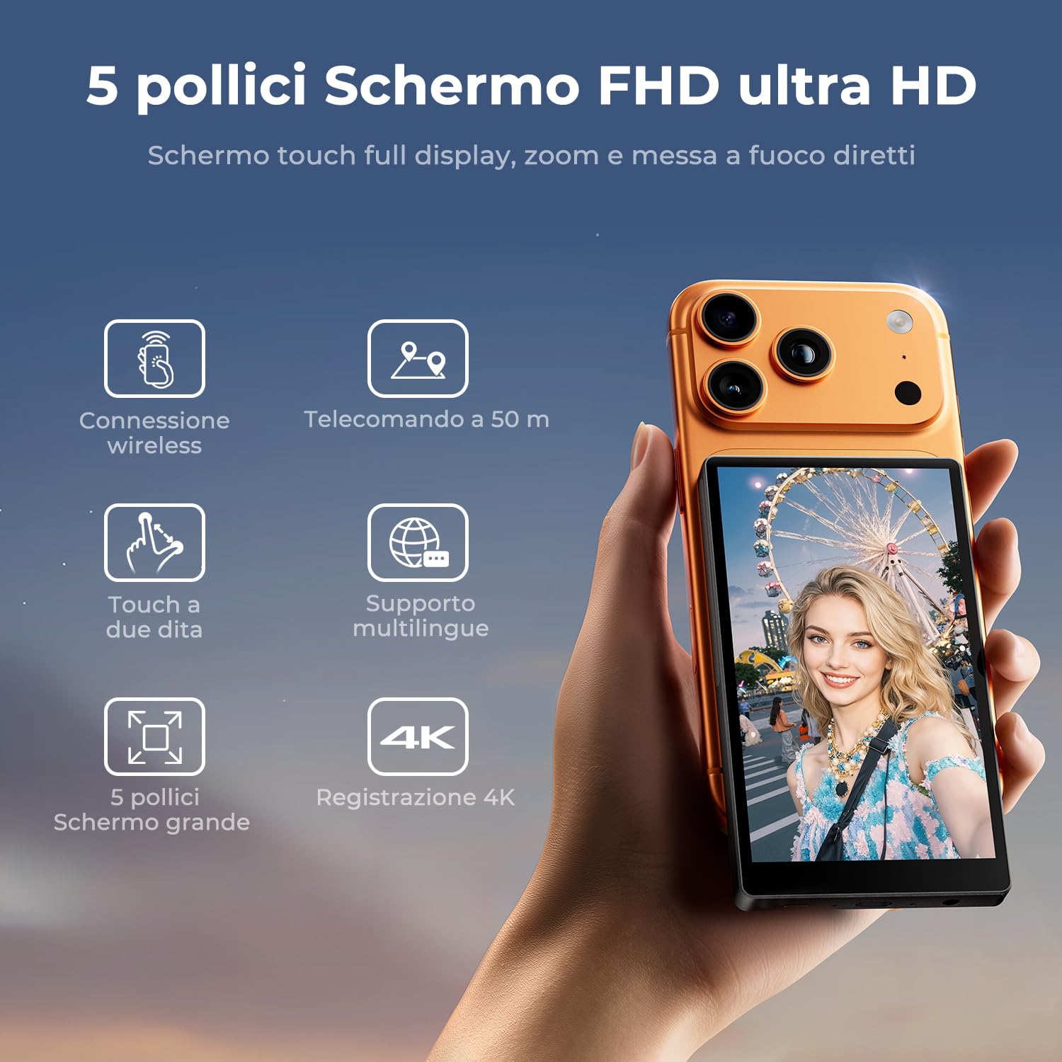 K&F CONCEPT Schermo selfie 5", Monitor magnetico wireless 4K/1080p per fotocamera posteriore, portata 50 m, P2P, compatibile iPhone & Samsung, per creator di contenuti