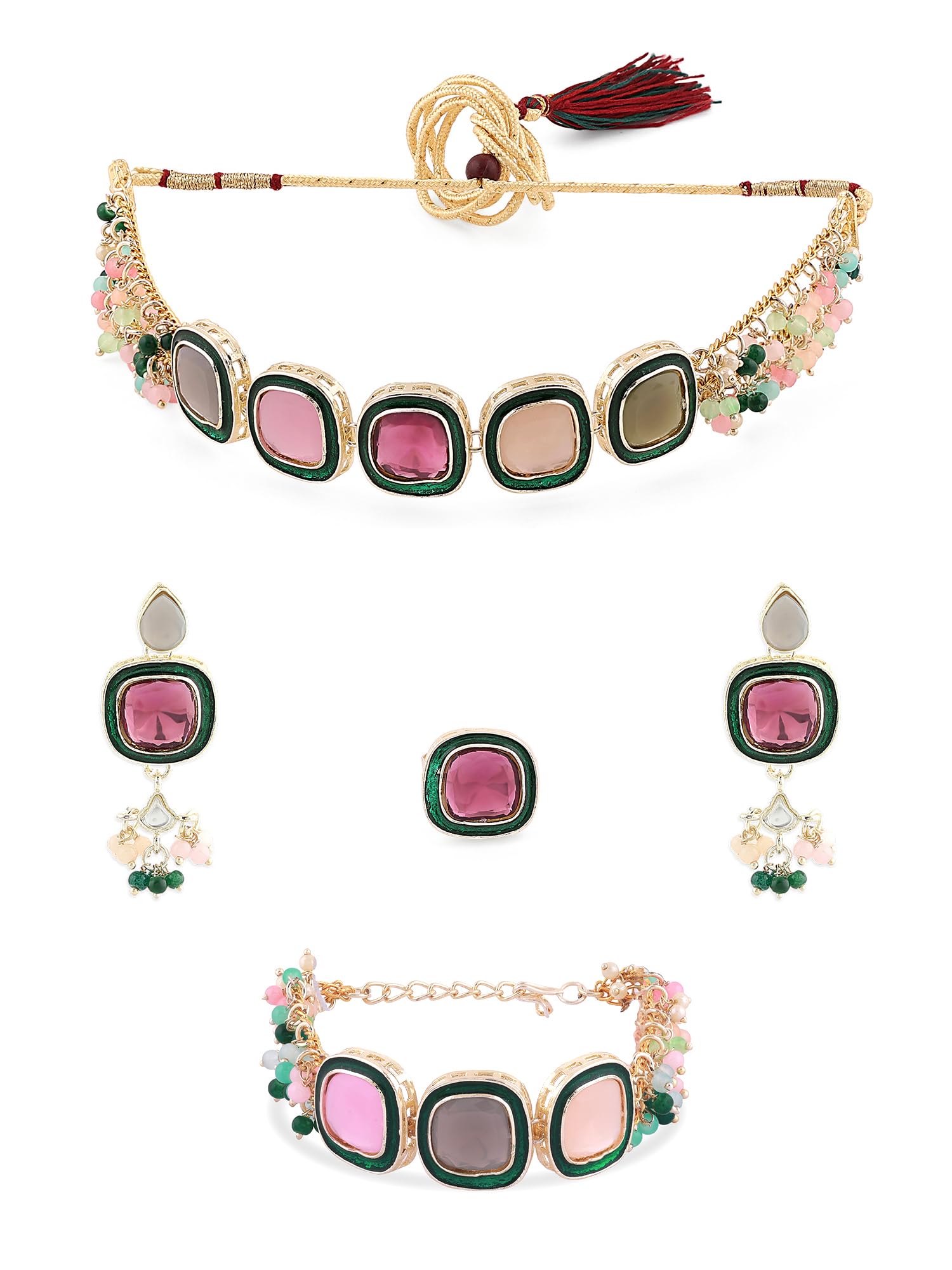 ZAVERI PEARLS Multi Colour Multistrand Beaded Cluster Choker Necklace Earring Ring & Bracelet Set For Women-ZPFK16867 (B0CLJKNQKS) Amazon Price History, Amazon Price Tracker