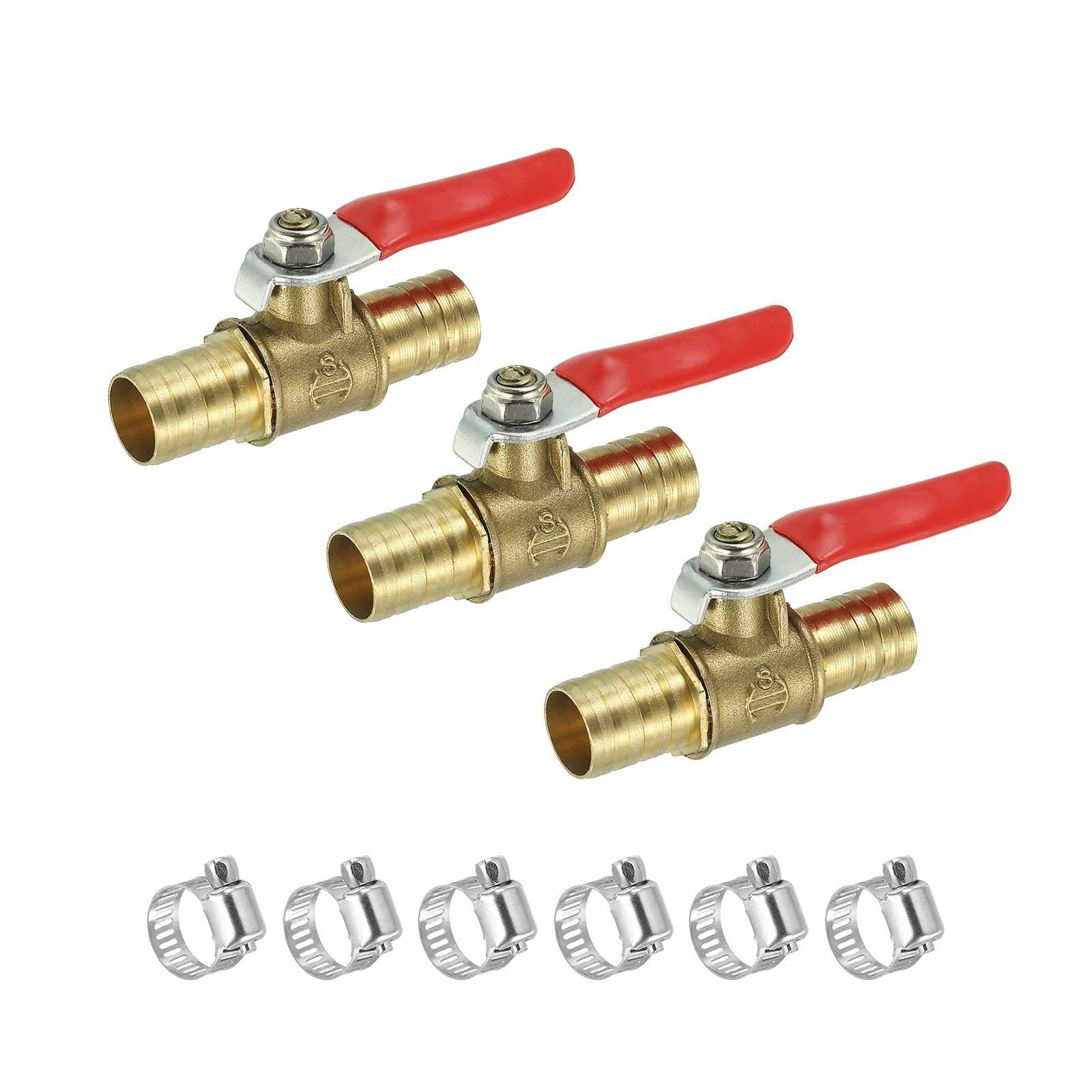 Set da 3 Rubinetto a Sfera in Ottone 1/2 Pollice con Raccordi a Barbiglio e Fascette, Maniglia 90°(Red,DN20 3/4)
