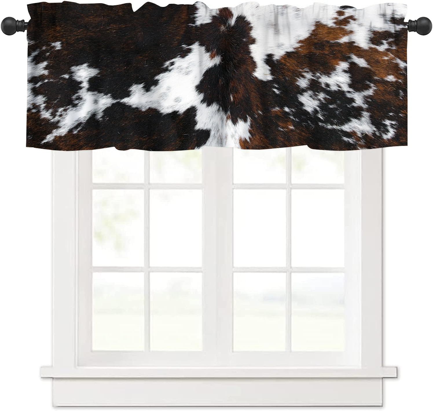 Cow Print Kitchen Valance Curtain Vintage Farmhouse Western White Brown Cowhide Table Decorations Rustic Window Treatment for Living Room Bedroom Dining Room 54x18In