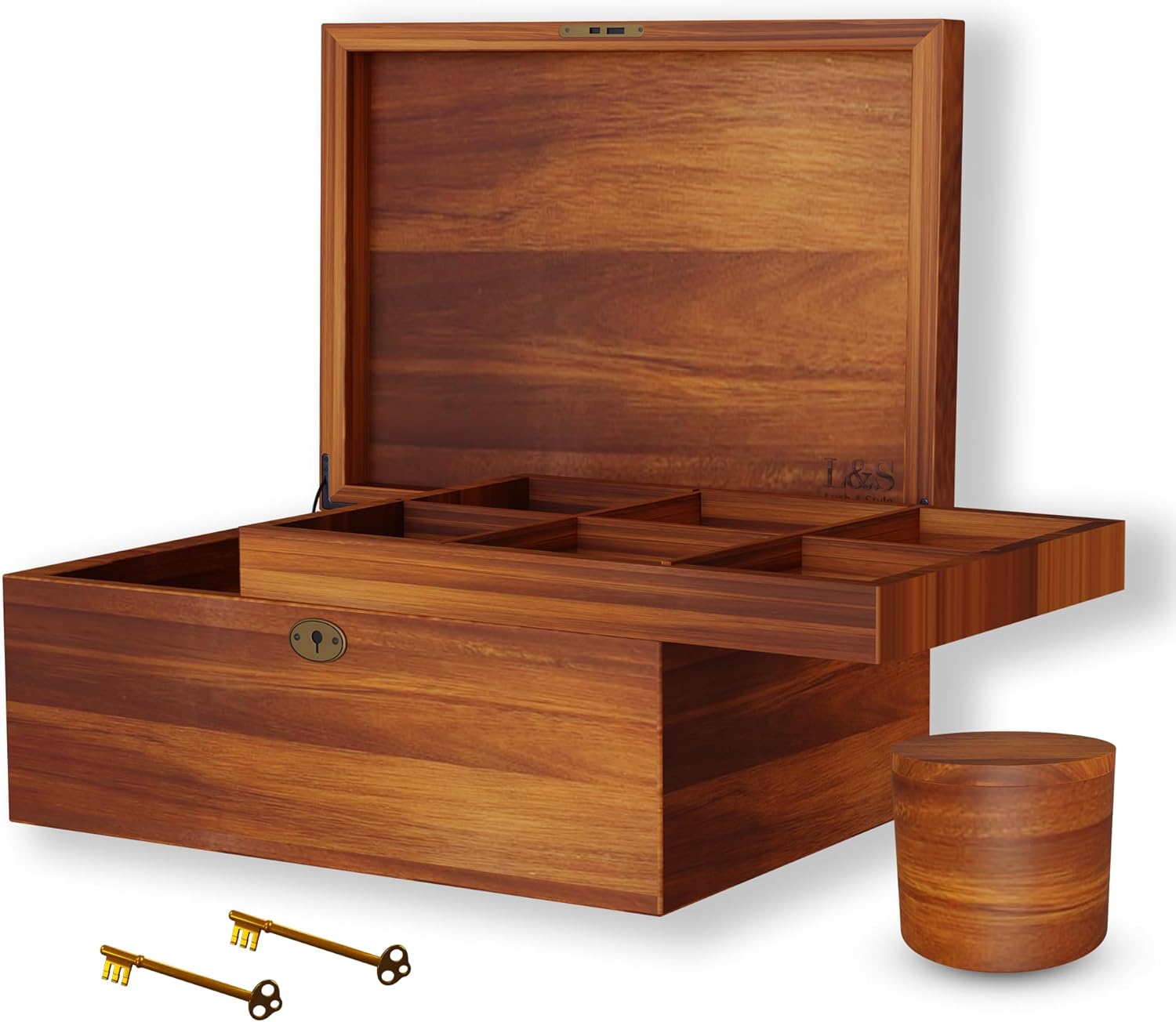 LUSH & STYLE Large Memory Box For Keepsakes Acacia Wood Box, Decorative Boxes With Hinged lid and locking key, Memory treasure Wood Box, Wooden Storage Box, Wooden Gift Box. Size: 11x9x5 Inches
