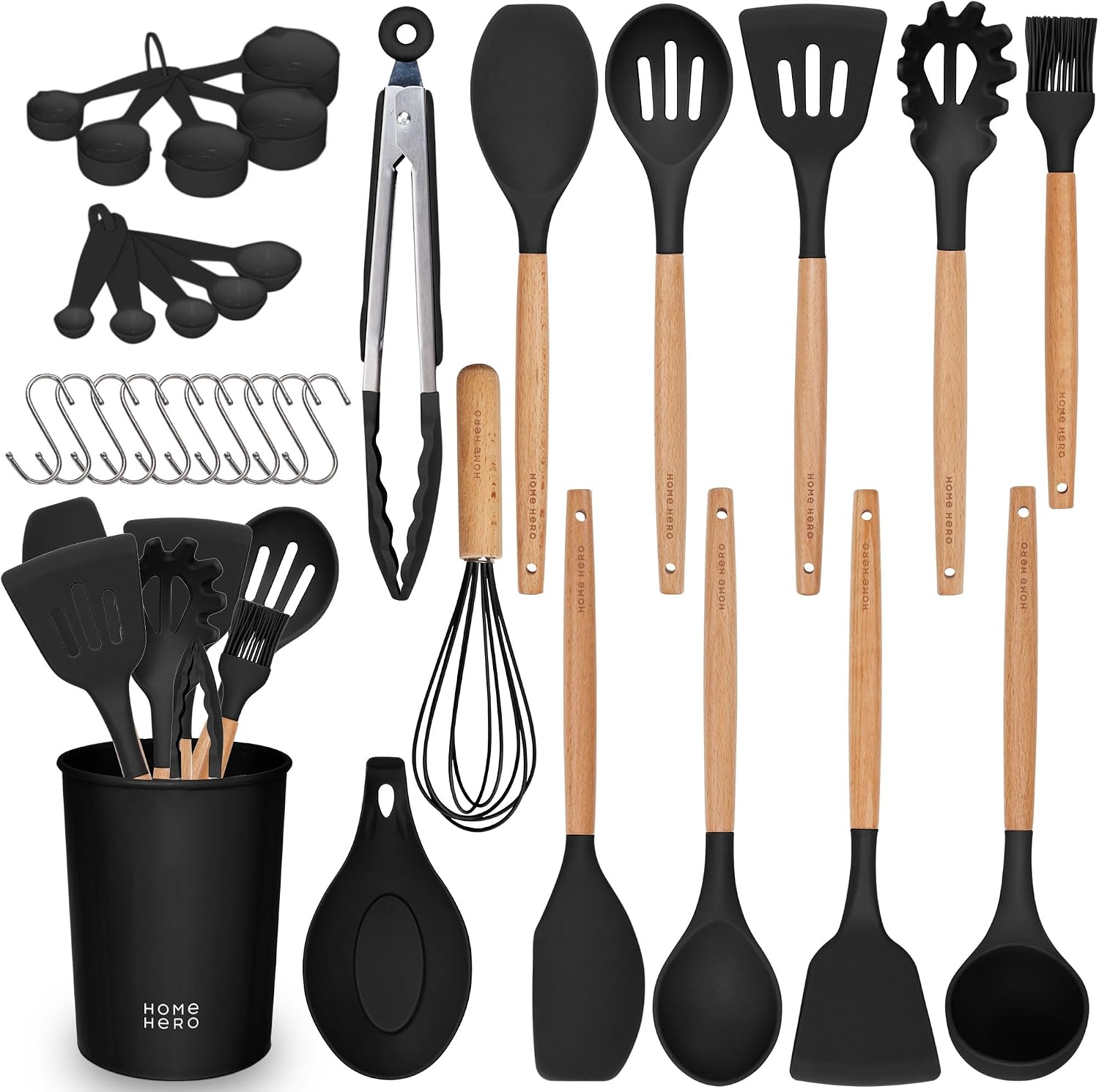 33-Pcs Kitchen Utensils Set - Silicone Cooking Utensils Set - First Home Essentials Utensil Sets - Silicone Utensil Set - Household Essentials - Kitchen Accessories for Nonstick Cookware - Black