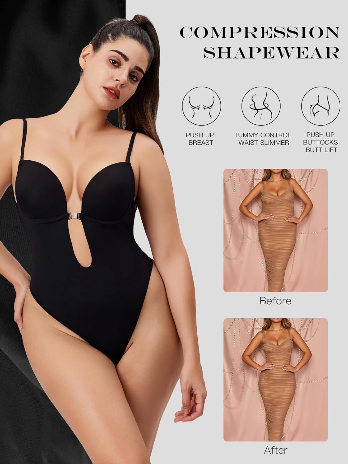 Decorus Shapewear Backless Bodysuit Strapless: Low-back Thong Body-shaper Invisible Women - Build in Bra Open-back Bodysuits - Image 3