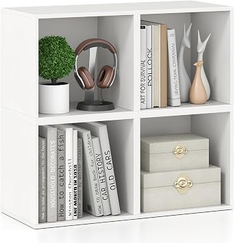 Giantex 4-Cube Bookcase, Stackable White Cube Storage Organizer w/Open Bookshelf, Wooden Display Shelving Unit for Small Space, DIY Modular Cubby Storage System for Home, Study, Living Room