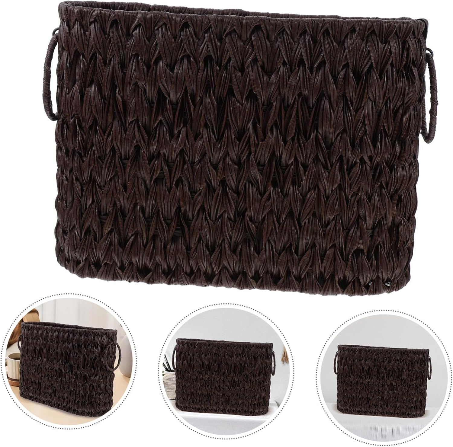 Coffee Woven Storage Basket for Magazines with Dual Handles